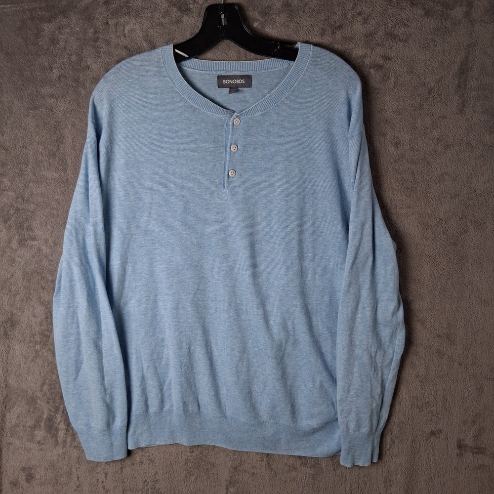 Bonobos Slim Fit Henley Sweater Mens Large Light Blue Cotton Linen Blend Knit